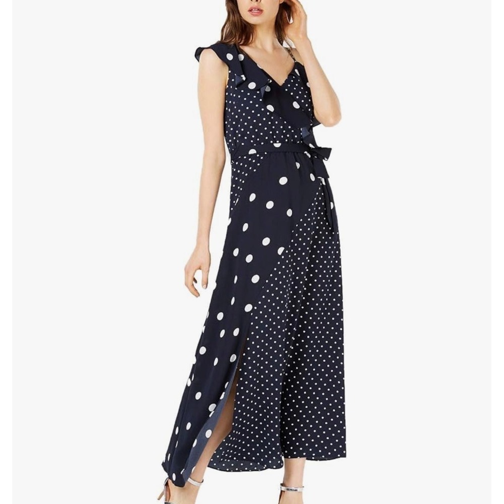 Bar III Maxi Midi Ruffle Polka Dot Party One Shoulder A-Line Dress Womens L Navy